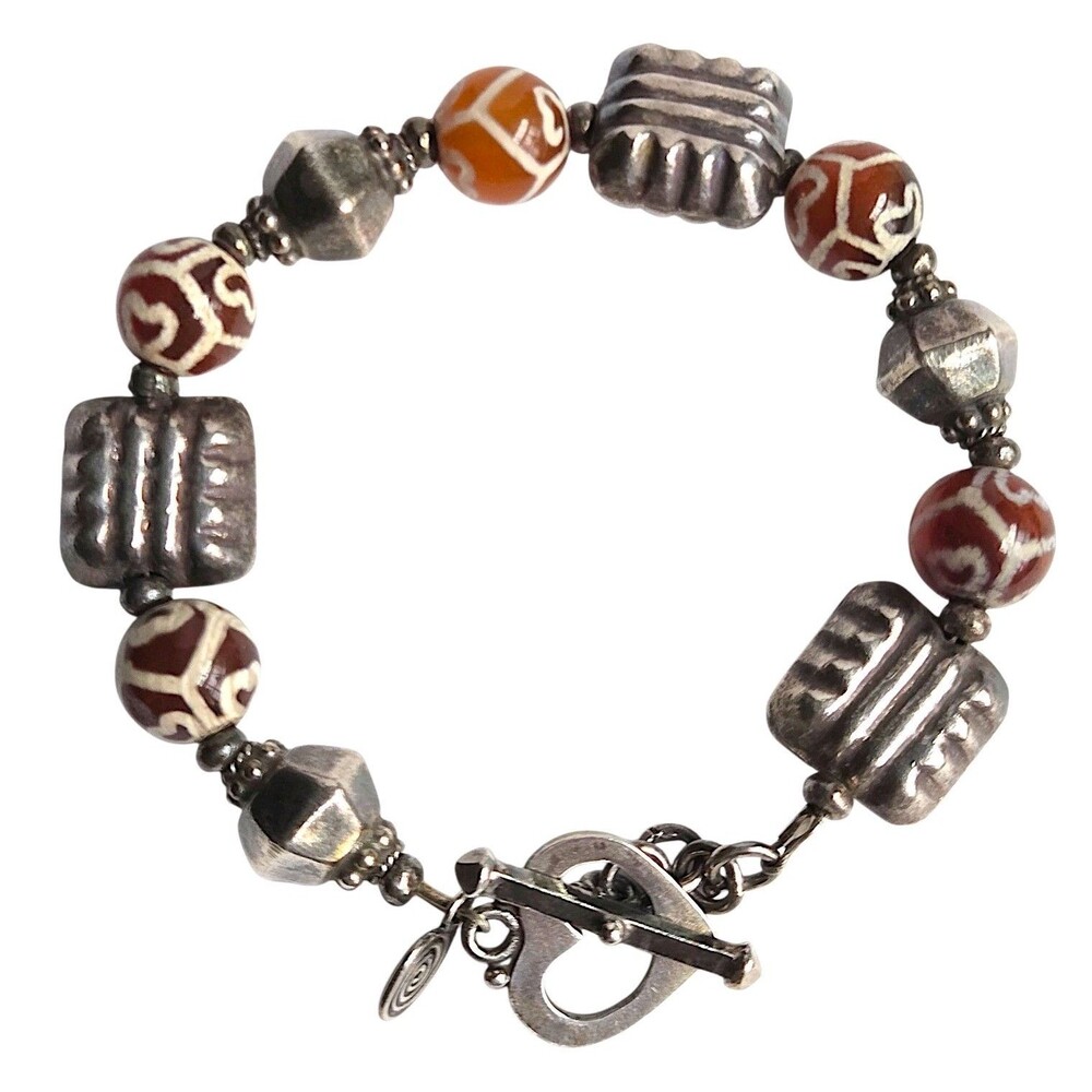 Artisan Sterling Silver Carnelian Dzi Bead Bracelet Heart Toggle Size 6.75